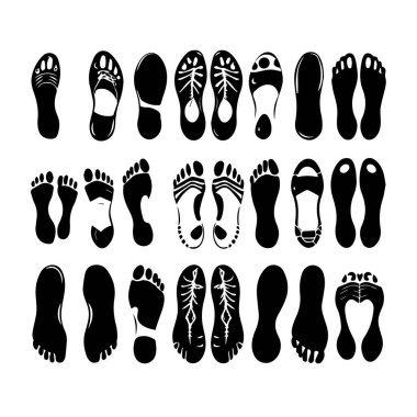 Siyah siluetlerde çeşitli ayak izleri ve ayakkabı izleri koleksiyonu