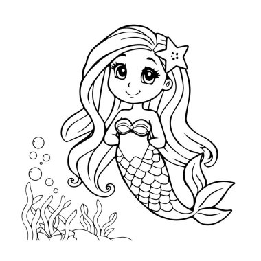 Uzun saçlı ve deniz yıldızlı sevimli bir denizkızı.