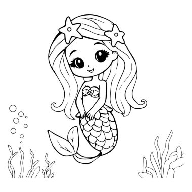 Çocuklar için sevimli karikatür deniz kızı boyama sayfası