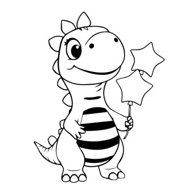 Yıldız balonları tutan sevimli karikatür dinozoru boyama sayfası