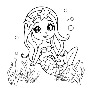 Yıldız saç boyama sayfası olan sevimli küçük bir denizkızı.