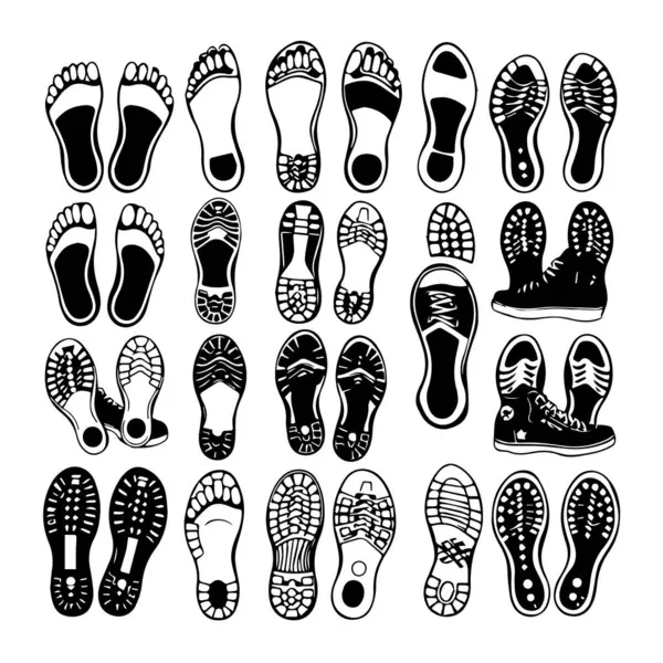 Yalınayak ve ayakkabı izi vektör illüstrasyonu koleksiyonu