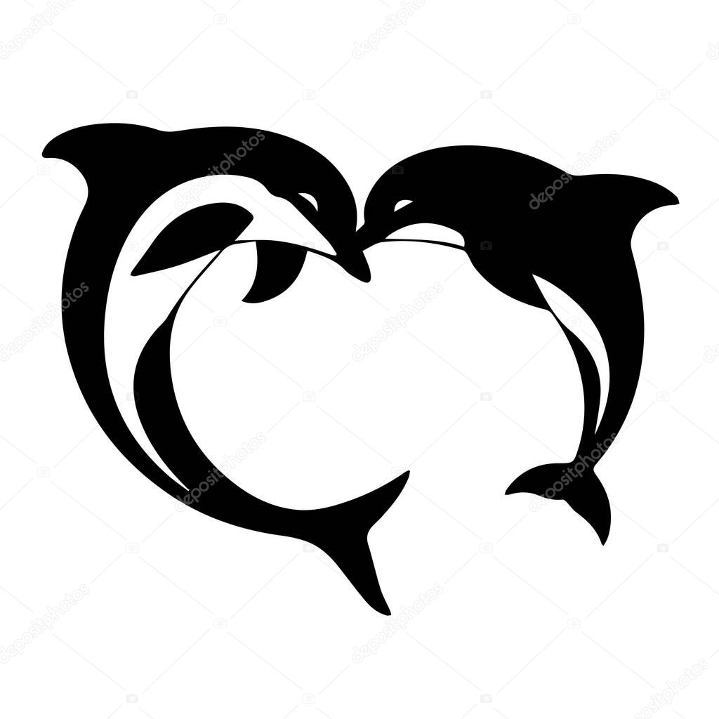 Two dolphins forming a heart shape silhouette
