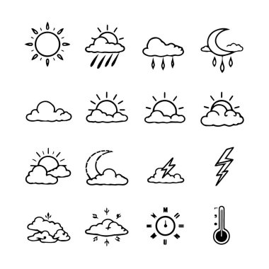 El çizimi hava durumu ikonları güneş ay bulutları yağmur yağdırır