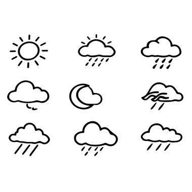 Elle çizilmiş hava ikonları güneş yağmuru bulutlarını Ay 'a çevirir