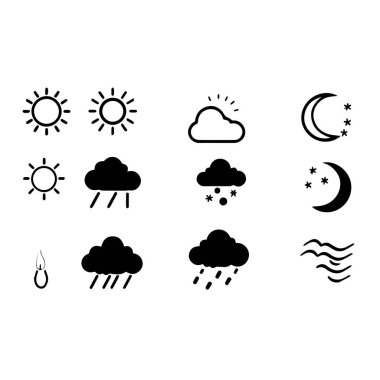 Meteoroloji ikonları güneş bulutları, yağmur, ay yıldızları ve dalgalar.
