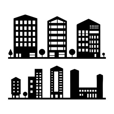 Şehir binalarının ve ağaçların basit siyah siluetleri