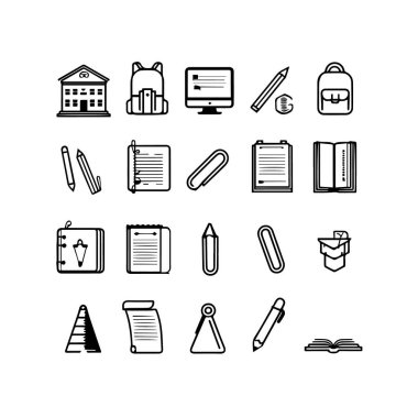 Okula dönen bir sürü ikon ve kırtasiye malzemesi.