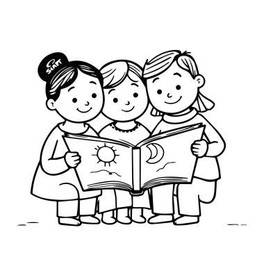 Birlikte kitap okuyan üç mutlu çocuk.