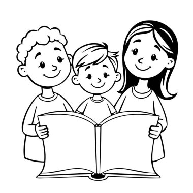 Üç mutlu çocuk birlikte büyük bir kitap okuyor.