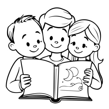 Üç çocuk birlikte siyah beyaz bir kitap okuyor.