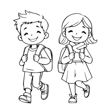 Mutlu çocuklar okula sırt çantaları çizgileriyle yürüyorlar.