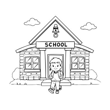 Okulun önündeki sırt çantalı çocuk siyah beyaz çizim yapıyor.