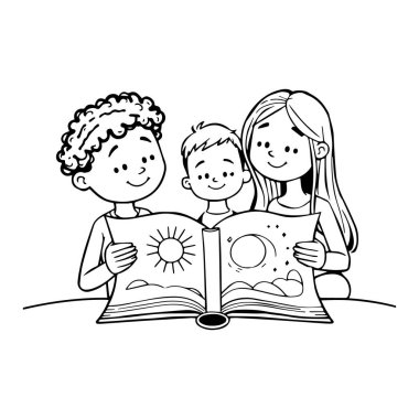 Mutlu aile uzay ve yıldızlar hakkında bir kitap okuyor.