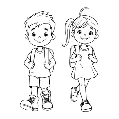 Mutlu çocuklar okula sırt çantaları çizgileriyle yürüyorlar.