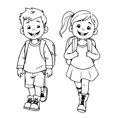 Okula sırt çantasıyla giden mutlu çocuklar.