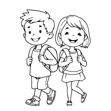 Mutlu çocuklar okula sırt çantaları çizgileriyle yürüyorlar.