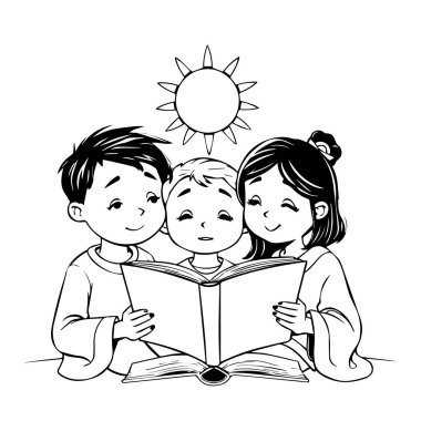 Güneşin altında kitap okuyan üç çocuk.
