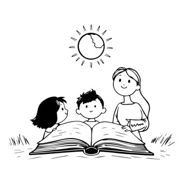 Dışarıdaki iki çocuğa büyük bir kitap okuyan kadın.