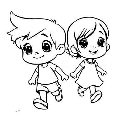 Tatlı çizgi film çocuğu ve kız el ele yürüyorlar.