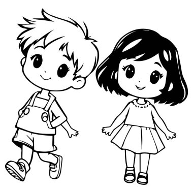 Tatlı çizgi film çocuğu ve kız çizgisi çizimi
