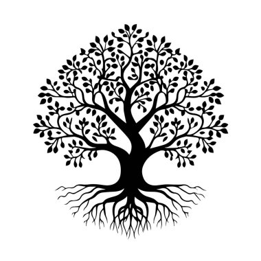 Ayrıntılı kökleri ve yaprakları olan siyah siluet ağacı