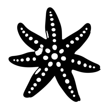 Siyah siluette beyaz benekli sekiz silahlı denizyıldızı beyaz arkaplan siluetinde.