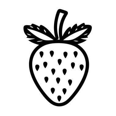 Tohum ve Yapraklı Basit Siyah ve Beyaz Çilek İllüstrasyonu. Temiz minimalist illüstrasyon çilek silüeti.