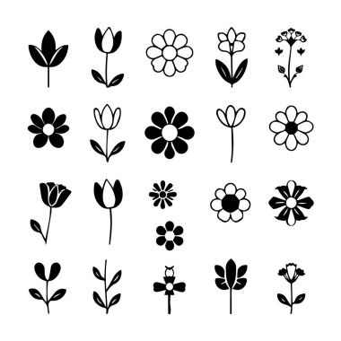 Siyah ve Beyaz Botanik Çizim Siluetinde Çiçek Vektör Simgeleri Çeşitli çiçek simgeleri koleksiyonu