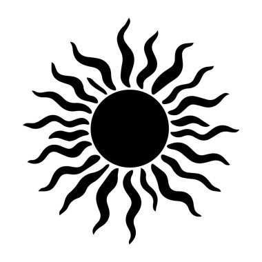 Siyah ve Beyaz siluet şeklinde dalgalı ışınları olan stilize güneş, siyah silueti vuruyor.