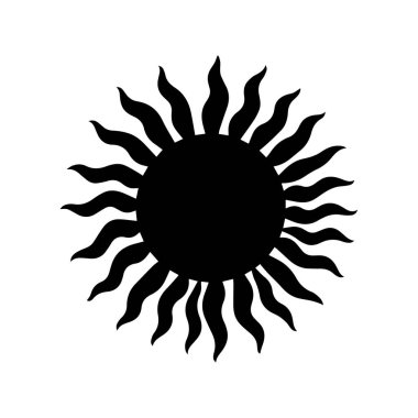 Siyah ve Beyaz siluetteki dalgalı ışınlarla şekillendirilmiş güneş, siyah beyaz görüntü dalgalı