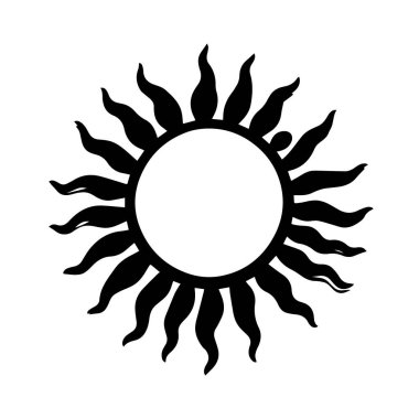 Siyah ve Beyaz siluetteki dalgalı ışınlarla şekillendirilmiş güneş, siyah beyaz görüntü dalgalı