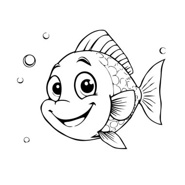 Siyah ve Beyaz Siluet ile Baloncuklu Neşeli Balık Çizgi Filmi Dost Balığı tasvir edildi