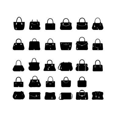 Beyaz Arkaplan siluetinde Siyah Siluet Biçimli Çeşitli Kadın El çantaları ve Çantaları Koleksiyonu