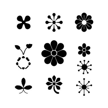 Beyaz Arkaplan siluetinde Siyah Siluet Biçimli Çeşitli Çiçek ve Yaprak Şekilleri Koleksiyonu