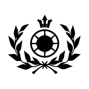 Zarif Taç ve Tekerlek Laurel Çelengi ile çevrili Siyah ve Beyaz Siluet Bu görüntü