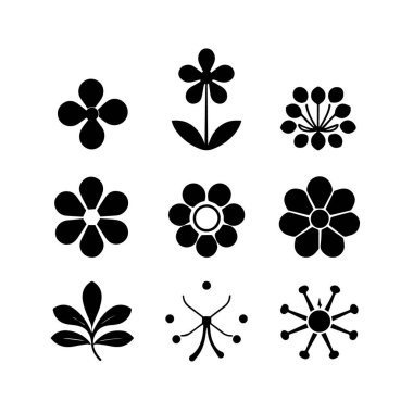 Çeşitli Çiçek ve Botanik Tasarımlarının Beyaz Arkaplan siluetinde Siyah Siluet Koleksiyonu