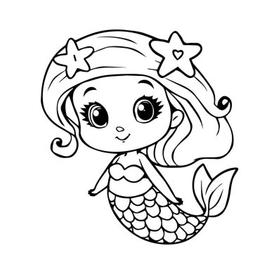 Siyah ve beyaz silueti olan Denizyıldızı Saçları Aksesuarlı Büyüleyici Chibi Denizkızı Bu şirin chibi