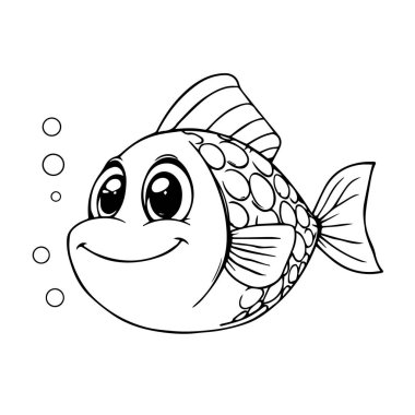 Siyah ve beyaz renkli baloncuklu neşeli çizgi film balıkları sevimli karikatür baloncukları gösteriliyor.