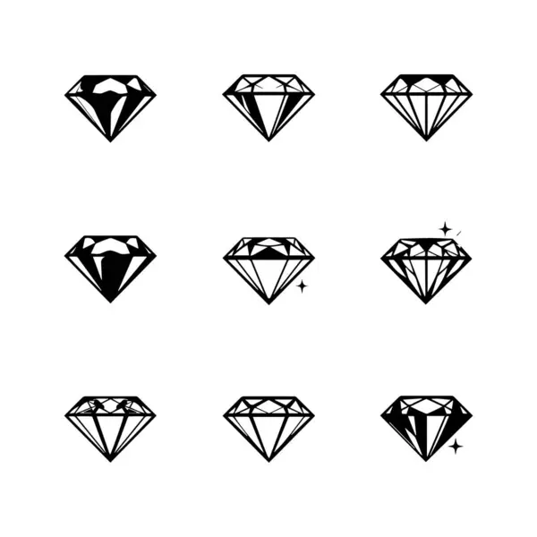 Elmas Simgeleri Koleksiyonu Beyaz Arkaplan siluetinde Çeşitli Tarzlarda Dokuz elmas simgesi