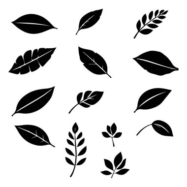 Beyaz arkaplanda izole edilmiş siyah yaprak siluetleri koleksiyonu