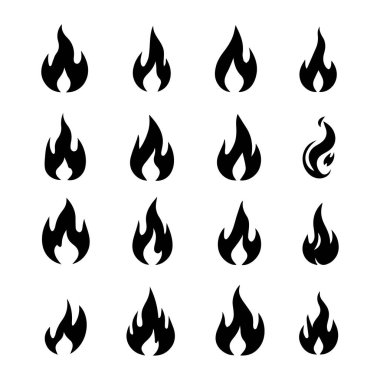 Beyaz arkaplanda izole edilmiş ateş alevi siluetleri koleksiyonu