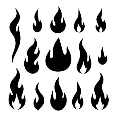 Beyaz arkaplanda izole edilmiş ateş alevi siluetleri koleksiyonu