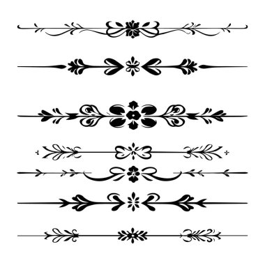 Beyaz arkaplanda izole edilmiş altı adet zarif çiçek demeti silueti.