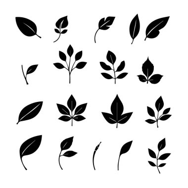 Beyaz arkaplanda izole edilmiş siyah yaprak siluetleri koleksiyonu