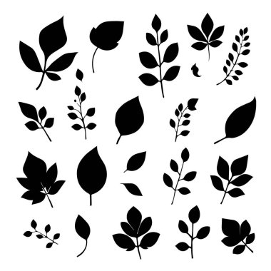 Beyaz arkaplanda izole edilmiş siyah yaprak siluetleri koleksiyonu
