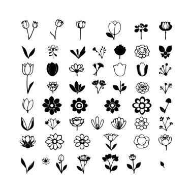Basit siyah beyaz çiçek ikonları ve elementlerin toplanması