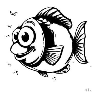 Mutlu karikatür balık çizimleri siyah beyaz tasarım
