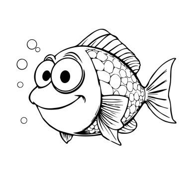 Mutlu karikatür balık çizimleri siyah beyaz çizgi sanatı