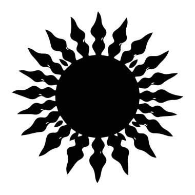 Yanmış ışınları olan soyut siyah güneş silueti grafik tasarım elementi